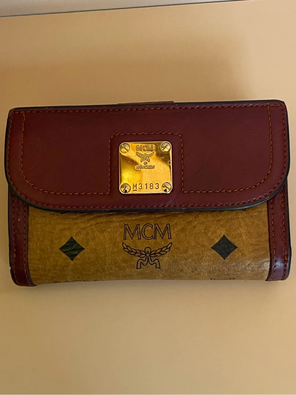 MCM Two-Tone Trifold Leather Continental Wallet in Burgundy and Cognac Brown